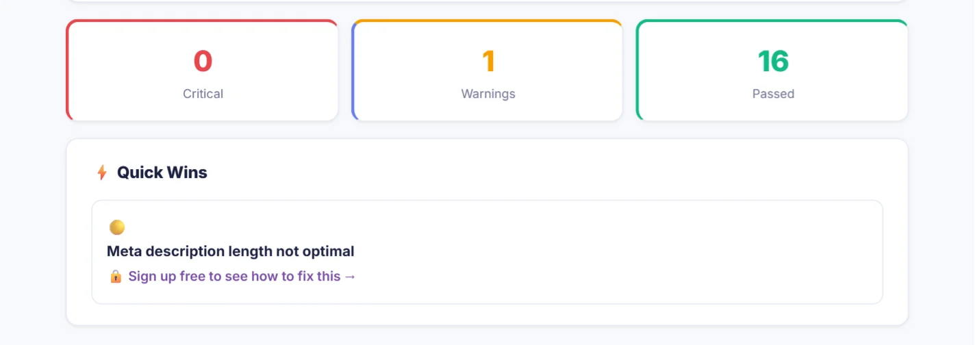 Critical issues, warnings and passed checks with the Quick Wins list