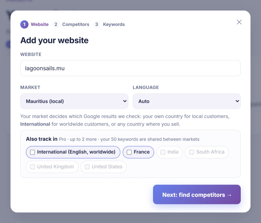 Step 1 of the project wizard: website, market, language and extra markets on Pro