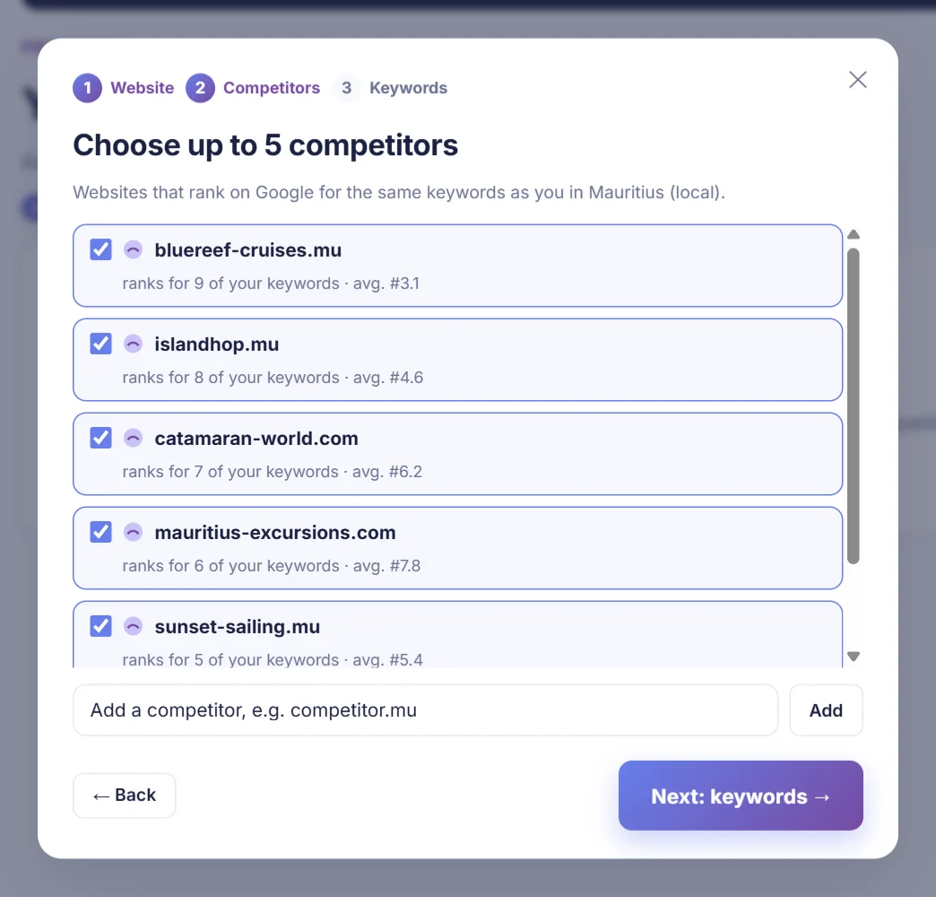 Step 2 of the wizard: suggested competitors with shared keywords