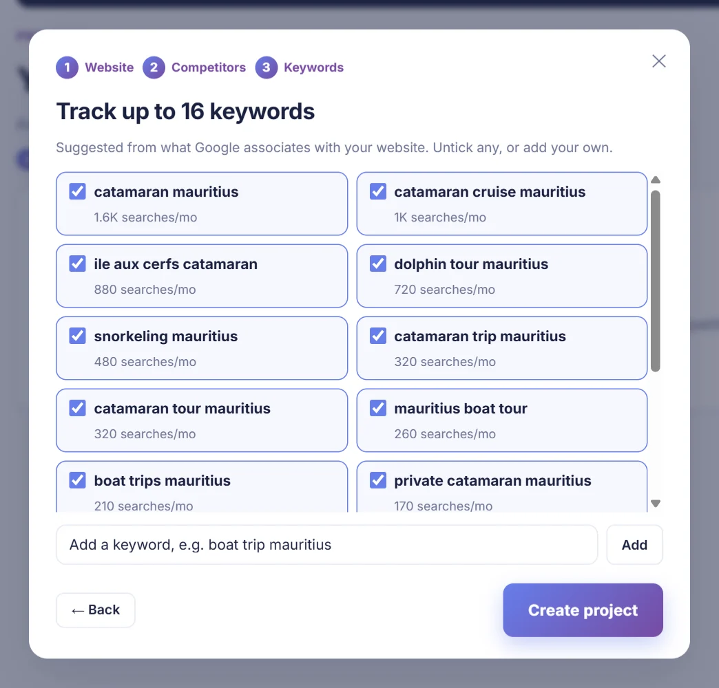 Step 3 of the wizard: suggested keywords with monthly searches