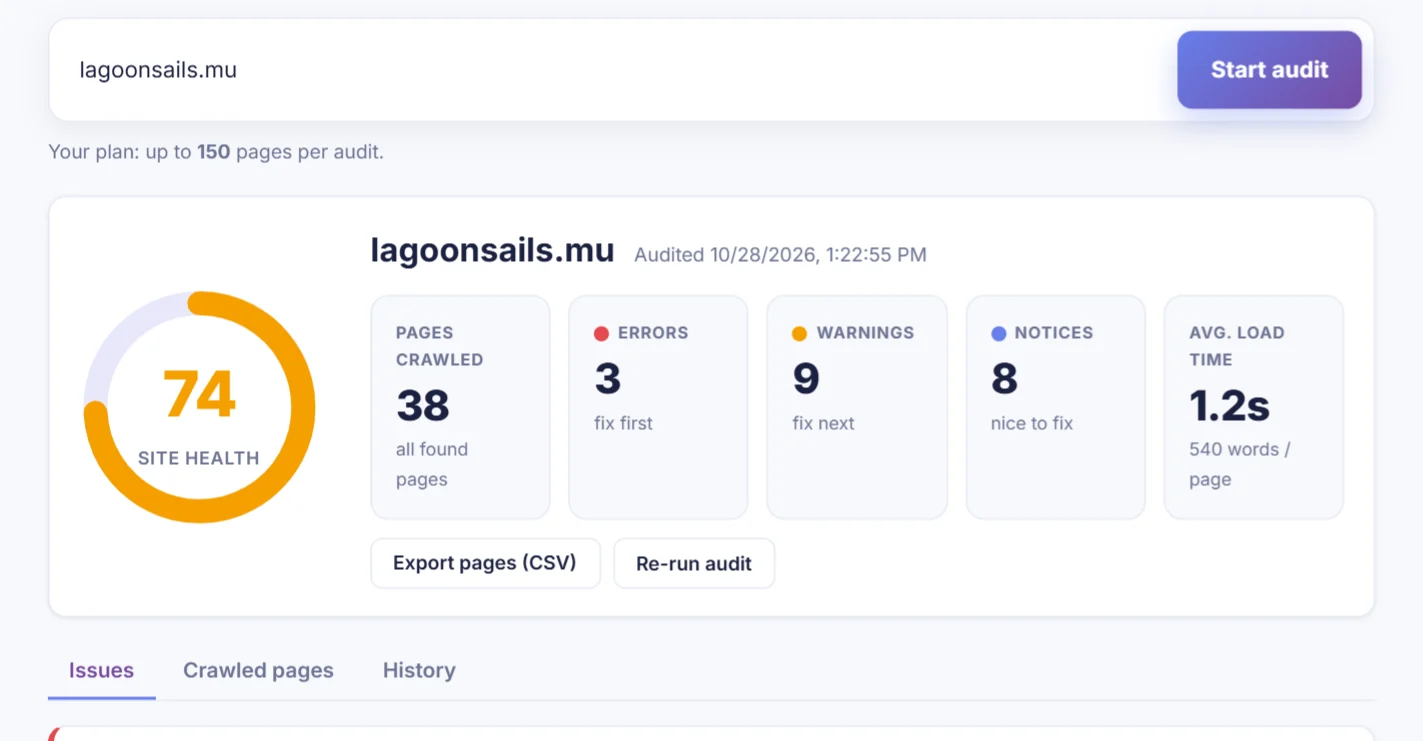 Site audit summary with the health score, pages crawled, errors, warnings and notices