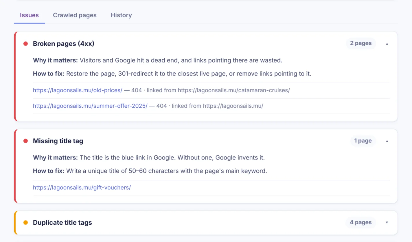 An open issue showing why it matters, how to fix it and the affected pages